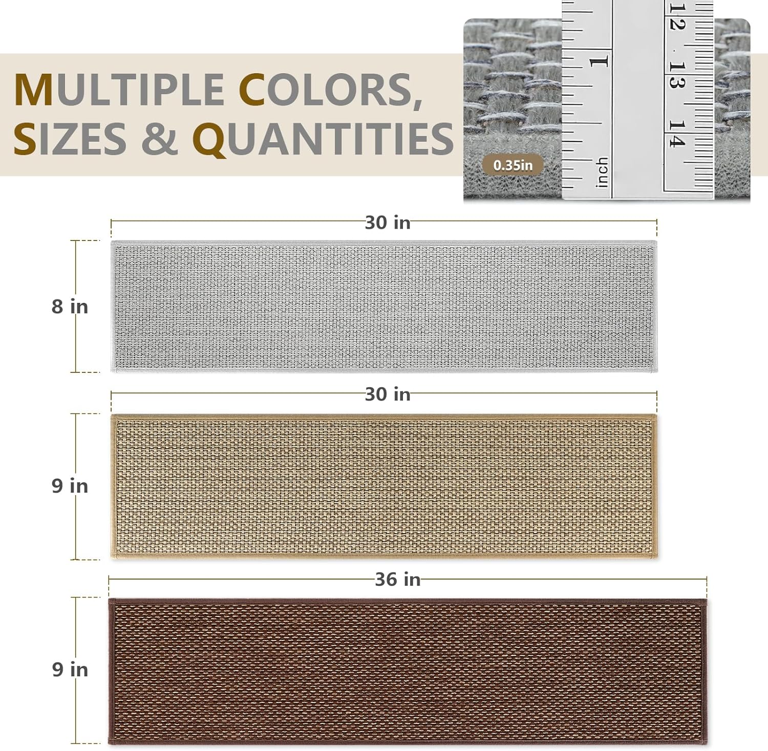 Stair Treads Non Slip for Wooden Steps Indoor 9 x 36 15 Pack Extra Wide Stairs Tread Carpet Runner, Step Pads with Reusable Adhesive for Dogs Kids Elders, Machine Washable, Brown